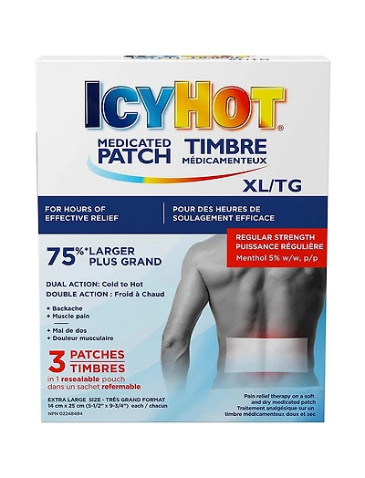Icy Hot Medicated XL Pain Patch, Large Patches for Temporary Arthritis, Lumbago, Backache and Muscle Pain Relief, Menthol 5%, 3 Count, 3 XL Patches