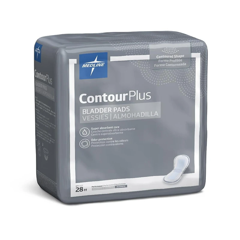 Medline Contour Plus Bladder Control Pad for Incontinence, Ultimate, 8" x 17", Bag of 28