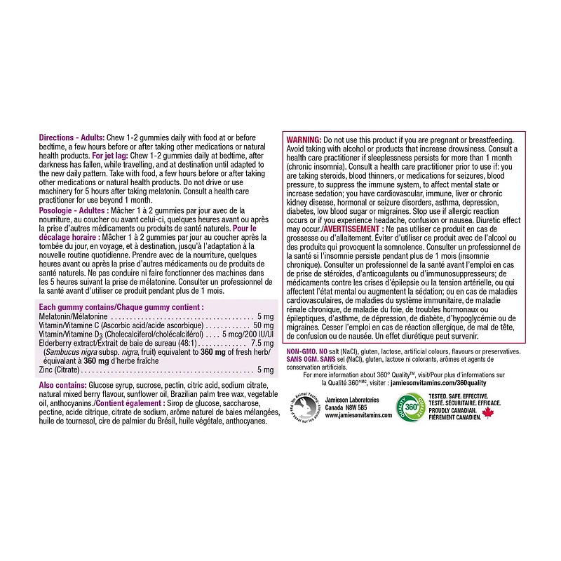 Jamieson mélatonine + immunité gummies mélange de baies, 60 compter