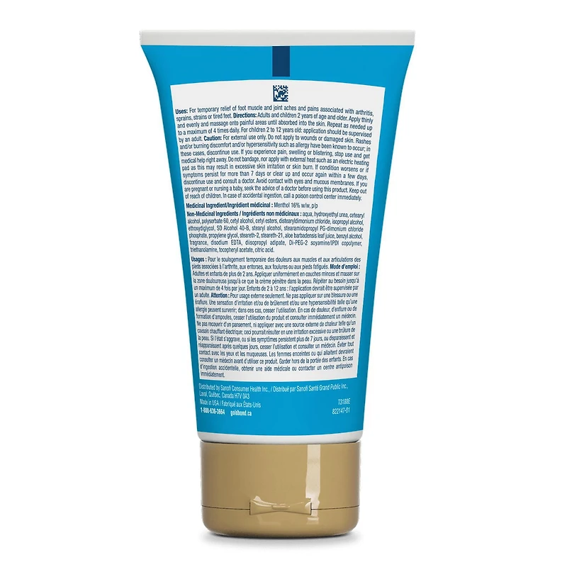 Gold Bond Medicated Crème analgésique pour les pieds, tube de 113 g, crème pour les pieds pour un soulagement rapide et temporaire des douleurs mineures aux pieds, douleurs musculaires et articulaires associées à l'arthrite, aux entorses et aux foulures 113g