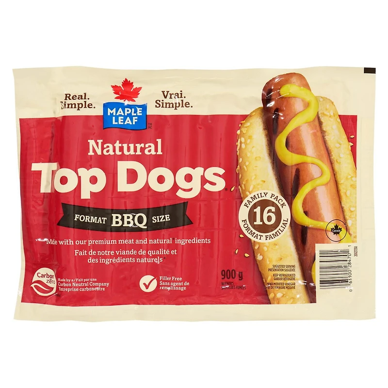 Maple Leaf Natural Top Dogs BBQ Hot Dogs Family Pack, 900g
