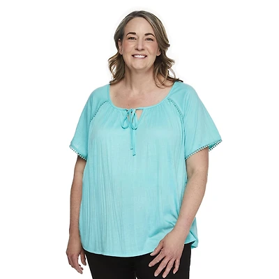 Penmans Plus Women's Crochet Ball Peasant Top