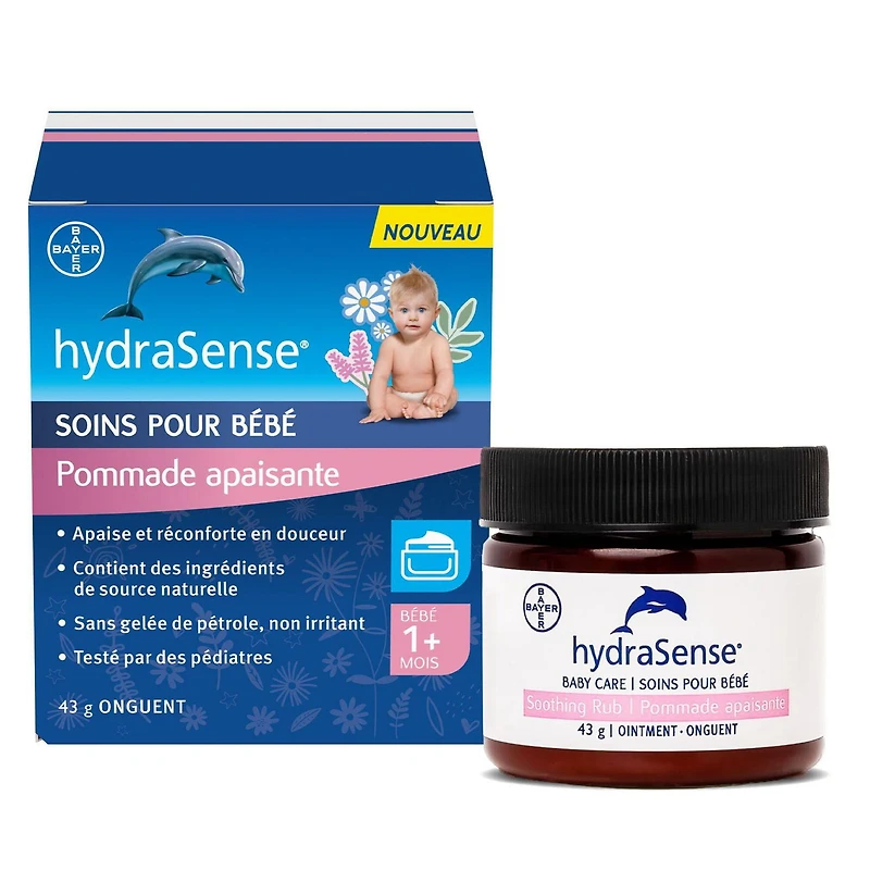 Pommade apaisante pour bébé hydraSense – apaise et réconforte en douceur; sans gelée de pétrole; non irritant; avec ingrédients de source naturelle : eucalyptus, lavande et camomille; testée par des pédiatres. 43 g