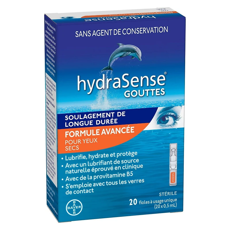 hydraSense gouttes, formule avancée, flacons à usage unique, pour yeux secs, sans conservateur 20 fioles pratiques à usage unique