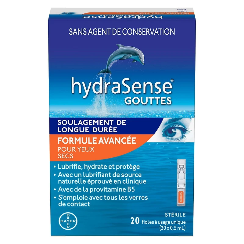 hydraSense gouttes, formule avancée, flacons à usage unique, pour yeux secs, sans conservateur 20 fioles pratiques à usage unique
