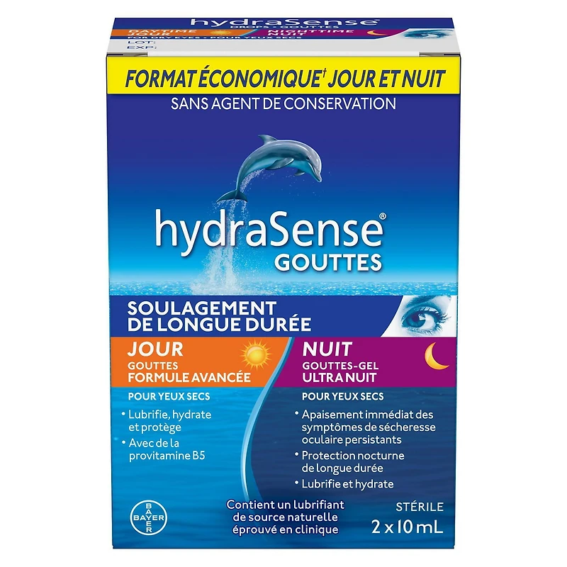 Gouttes oculaires hydraSense Soins de jour et de nuit, pour yeux secs, sans agent de conservation, lubrifiant de source naturelle, emballage double (2 × 10 mL) 20 mL