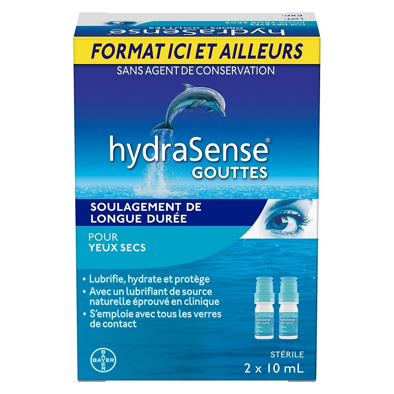 HydraSense Gouttes oculaires pour les yeux secs, soulagement rapide et durable, sans conservateur, lubrifiant d'origine naturelle, lot de 2 2 x 10mL