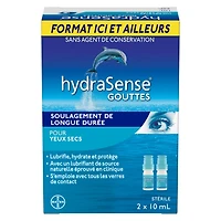 HydraSense Gouttes oculaires pour les yeux secs, soulagement rapide et durable, sans conservateur, lubrifiant d'origine naturelle, lot de 2 2 x 10mL