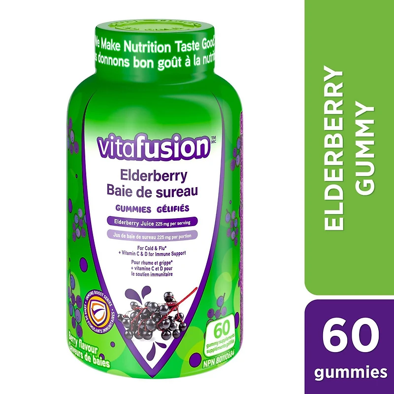 Vitafusion Elderberry Gummies - 225 mg of Elderberry Juice per Serving, For Cold & Flu + Vitamin C & D for Immune Support, 60 Count, 60 supplements