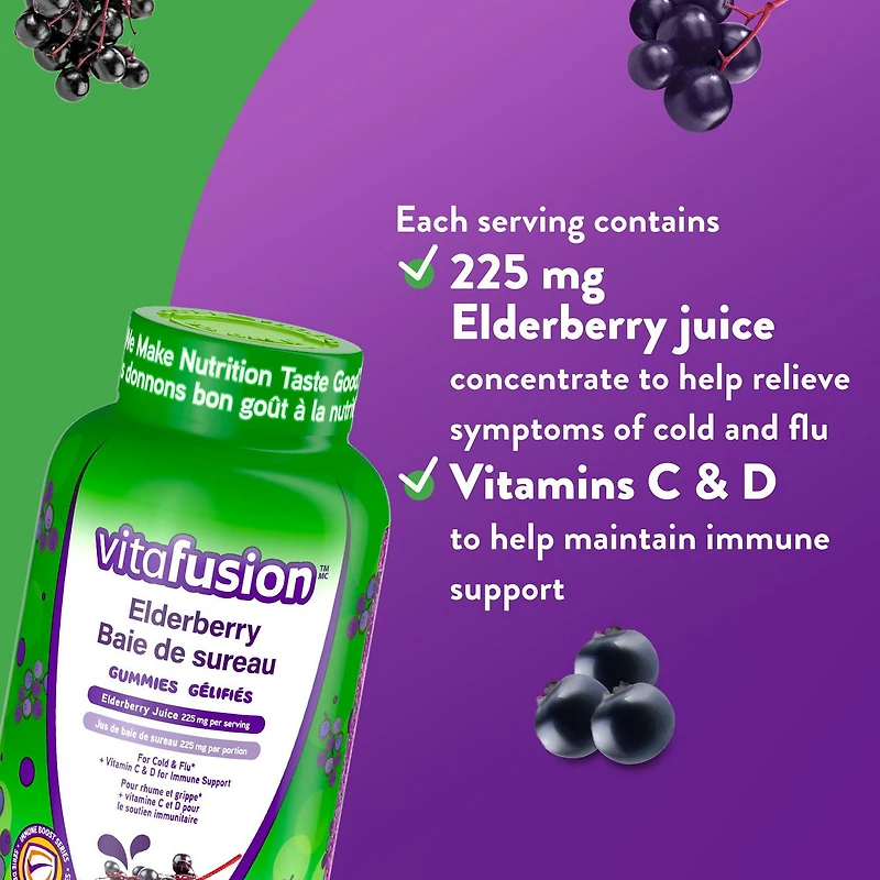 Vitafusion Elderberry Gummies - 225 mg of Elderberry Juice per Serving, For Cold & Flu + Vitamin C & D for Immune Support, 60 Count, 60 supplements