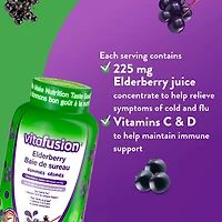Vitafusion Elderberry Gummies - 225 mg of Elderberry Juice per Serving, For Cold & Flu + Vitamin C & D for Immune Support, 60 Count, 60 supplements