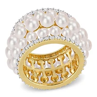Bague d'éternité à trois rangées de Miabella avec perles culture d'eau douce et 1-3/5 carat PBT de Saphir blanc synthétique en argent sterling plaqué jaune
