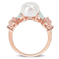 Bague florale grappes de Miabella avec perle culture d'eau douce et 1-2/5 carat PBT de aigue-marine morganite et topaze blanche en argent sterling plaqué or rose 18K