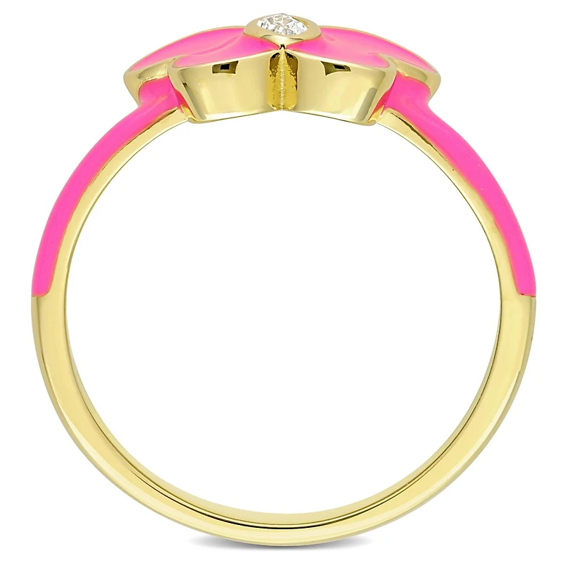 Bague papillon émail rose de Miabella avec saphir blanc synthétique en argent sterling plaqué jaune