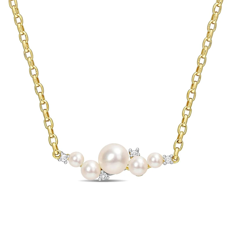Miabella Cultured Freshwater Pearl and 1/8 Carat T.G.W. White Topaz 18K Yellow Gold Plated Silver Bar Necklace