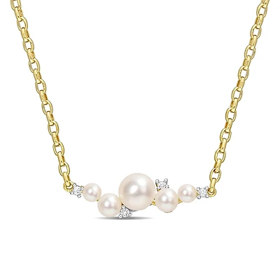 Miabella Cultured Freshwater Pearl and 1/8 Carat T.G.W. White Topaz 18K Yellow Gold Plated Silver Bar Necklace
