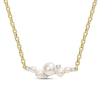 Miabella Cultured Freshwater Pearl and 1/8 Carat T.G.W. White Topaz 18K Yellow Gold Plated Silver Bar Necklace