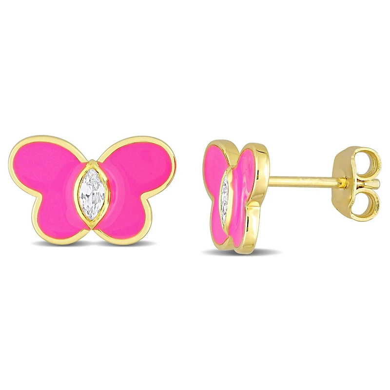 Boucles d'oreilles papillon émail rose de Miabella avec 1/4 carat PBT de saphir blanc synthétique en argent sterling plaqué jaune