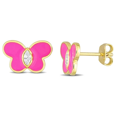 Boucles d'oreilles papillon émail rose de Miabella avec 1/4 carat PBT de saphir blanc synthétique en argent sterling plaqué jaune