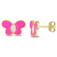 Boucles d'oreilles papillon émail rose de Miabella avec 1/4 carat PBT de saphir blanc synthétique en argent sterling plaqué jaune