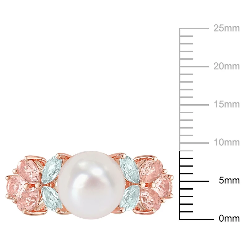Bague florale grappes de Miabella avec perle culture d'eau douce et 1-2/5 carat PBT de aigue-marine morganite et topaze blanche en argent sterling plaqué or rose 18K