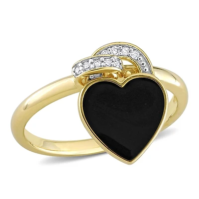Bague cœur émail noir de Miabella avec accent de diamant en argent sterling plaqué jaune