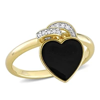 Bague cœur émail noir de Miabella avec accent de diamant en argent sterling plaqué jaune