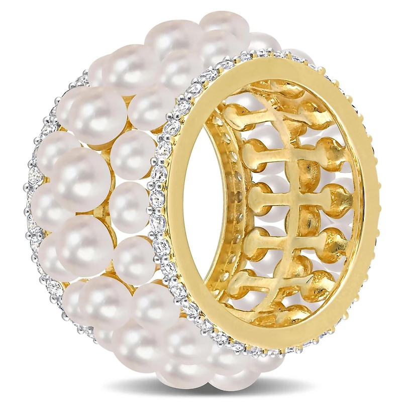 Miabella Freshwater Cultured Pearl and 1-3/5 Carat T.G.W. Created White Sapphire Yellow Rhodium Plated Silver Triple Row Eternity Band