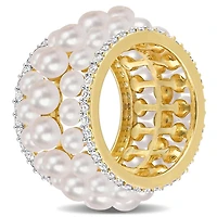 Miabella Freshwater Cultured Pearl and 1-3/5 Carat T.G.W. Created White Sapphire Yellow Rhodium Plated Silver Triple Row Eternity Band