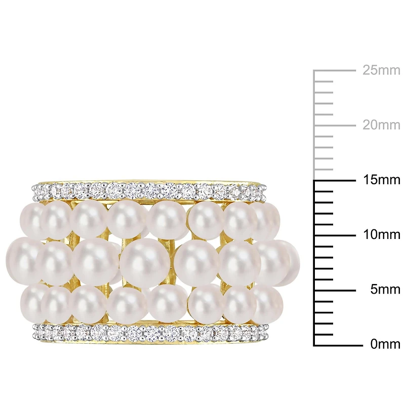 Miabella Freshwater Cultured Pearl and 1-3/5 Carat T.G.W. Created White Sapphire Yellow Rhodium Plated Silver Triple Row Eternity Band