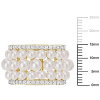 Miabella Freshwater Cultured Pearl and 1-3/5 Carat T.G.W. Created White Sapphire Yellow Rhodium Plated Silver Triple Row Eternity Band