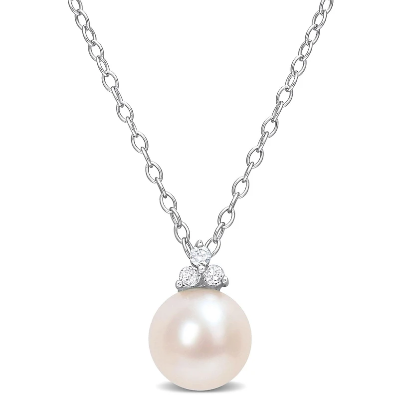 Miabella Freshwater Cultured Pearl and Diamond Accent Sterling Silver 3-Stone Necklace