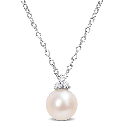 Miabella Freshwater Cultured Pearl and Diamond Accent Sterling Silver 3-Stone Necklace