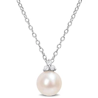 Miabella Freshwater Cultured Pearl and Diamond Accent Sterling Silver 3-Stone Necklace