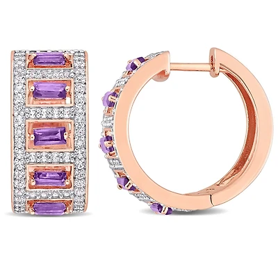 Miabella 2-1/2 Carat T.G.W. Amethyst and White Topaz Rose Rhodium-Plated Sterling Silver Hoop Earrings