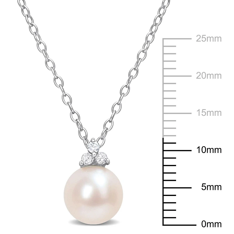 Miabella Freshwater Cultured Pearl and Diamond Accent Sterling Silver 3-Stone Necklace