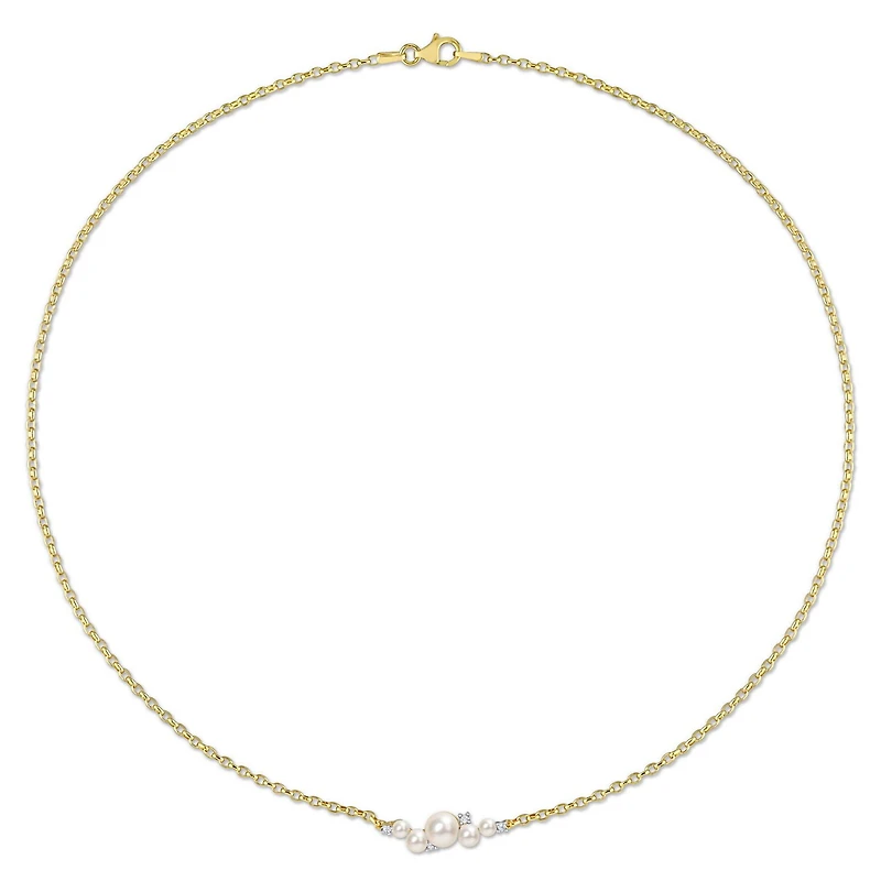 Miabella Cultured Freshwater Pearl and 1/8 Carat T.G.W. White Topaz 18K Yellow Gold Plated Silver Bar Necklace