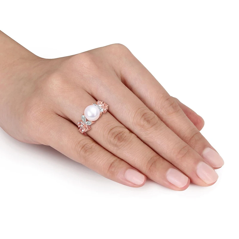 Bague florale grappes de Miabella avec perle culture d'eau douce et 1-2/5 carat PBT de aigue-marine morganite et topaze blanche en argent sterling plaqué or rose 18K