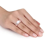 Bague florale grappes de Miabella avec perle culture d'eau douce et 1-2/5 carat PBT de aigue-marine morganite et topaze blanche en argent sterling plaqué or rose 18K