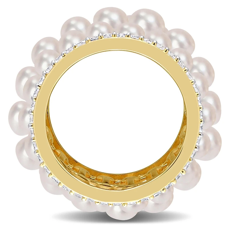 Miabella Freshwater Cultured Pearl and 1-3/5 Carat T.G.W. Created White Sapphire Yellow Rhodium Plated Silver Triple Row Eternity Band