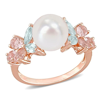 Bague florale grappes de Miabella avec perle culture d'eau douce et 1-2/5 carat PBT de aigue-marine morganite et topaze blanche en argent sterling plaqué or rose 18K