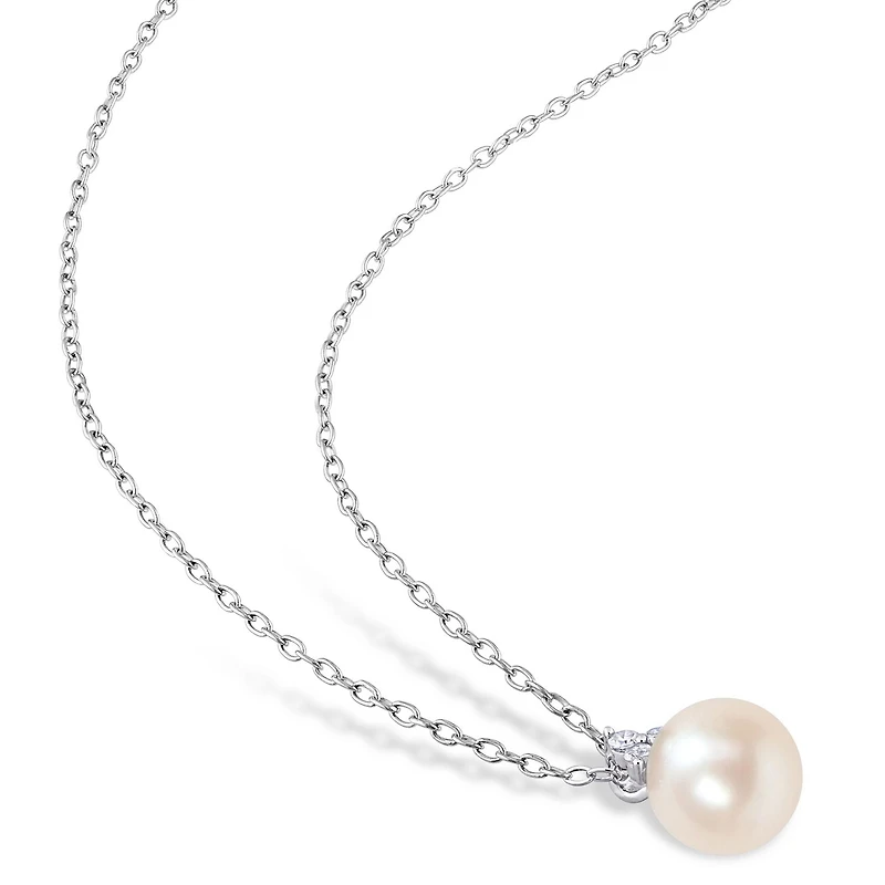 Miabella Freshwater Cultured Pearl and Diamond Accent Sterling Silver 3-Stone Necklace