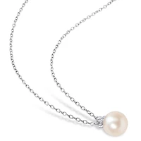 Miabella Freshwater Cultured Pearl and Diamond Accent Sterling Silver 3-Stone Necklace