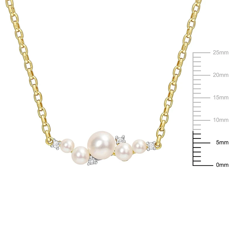 Miabella Cultured Freshwater Pearl and 1/8 Carat T.G.W. White Topaz 18K Yellow Gold Plated Silver Bar Necklace