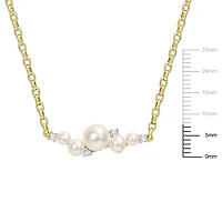 Miabella Cultured Freshwater Pearl and 1/8 Carat T.G.W. White Topaz 18K Yellow Gold Plated Silver Bar Necklace