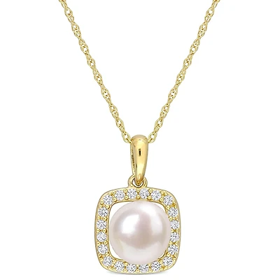Miabella Cultured Freshwater Pearl and 1/5 Carat T.G.W. Created White Sapphire 10K Yellow Gold Halo Necklace