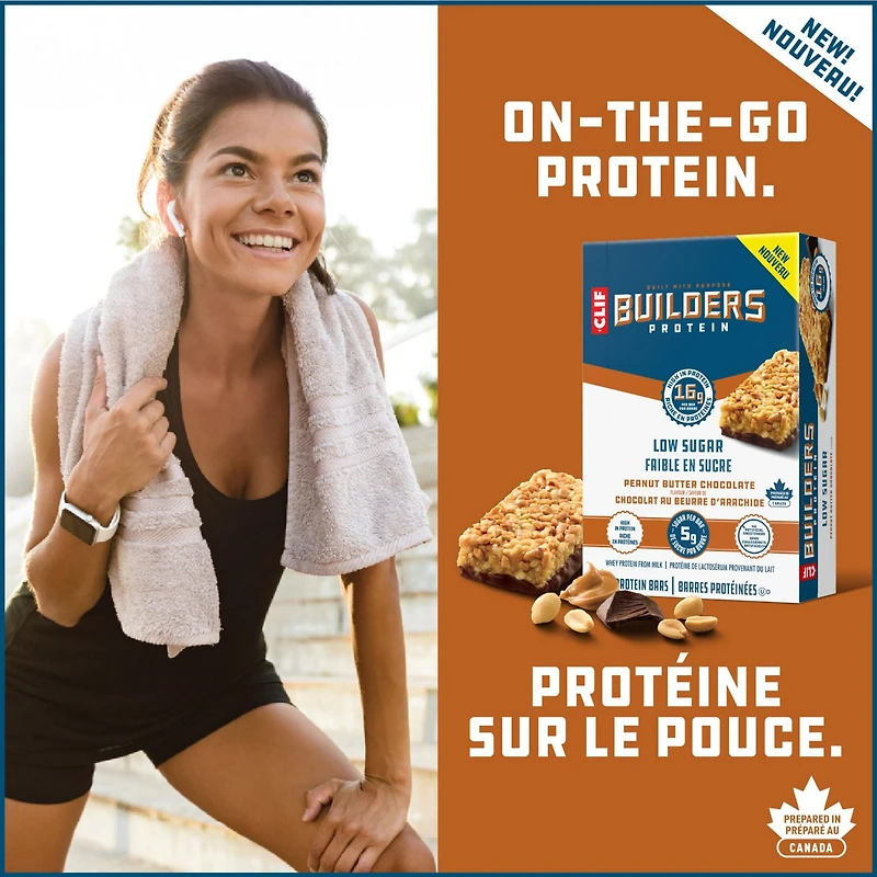 CLIF BUILDERS Barres protéinées faibles en sucre, saveur de chocolat au beurre d’arachide, 16 g de protéines, faible en sucre, sans édulcorants artificiels