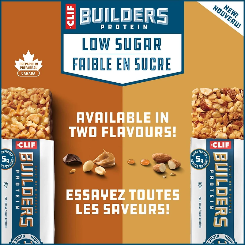 CLIF BUILDERS Barres protéinées faibles en sucre, saveur de chocolat au beurre d’arachide, 16 g de protéines, faible en sucre, sans édulcorants artificiels