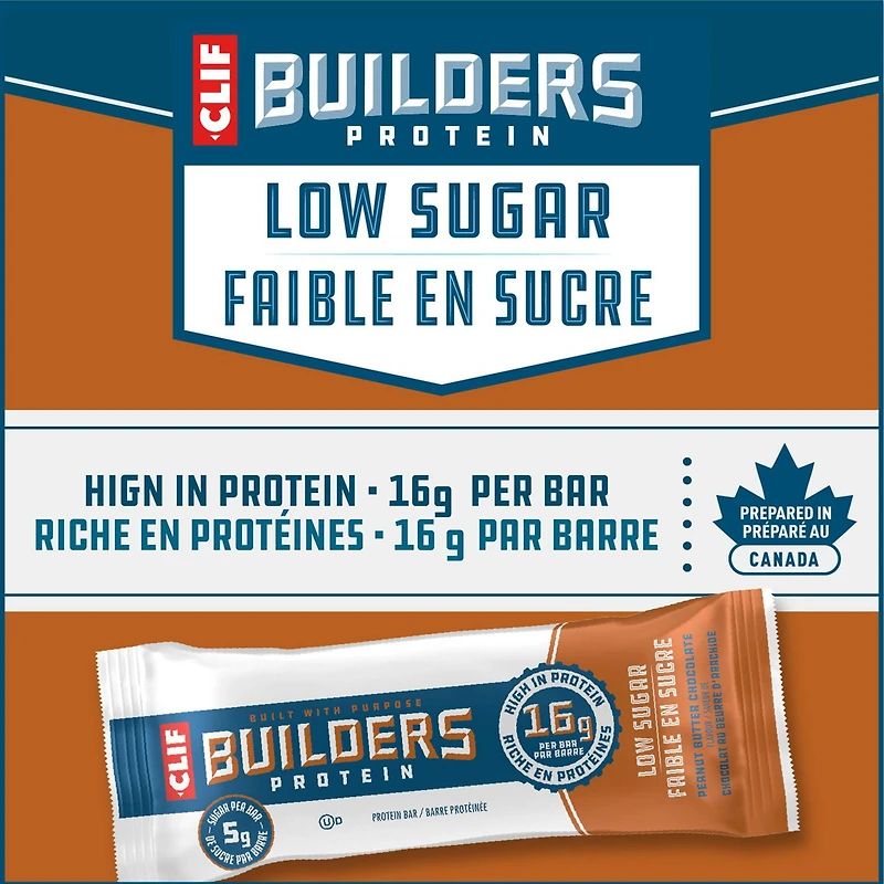 CLIF BUILDERS Barres protéinées faibles en sucre, saveur de chocolat au beurre d’arachide, 16 g de protéines, faible en sucre, sans édulcorants artificiels