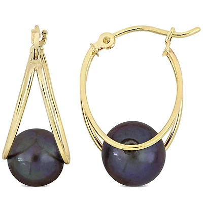 Boucles d'oreilles créoles ouvertes de Miabella avec perles culture d'eau douce noir en or jaune 10K